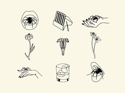 Illustrations for Reclusa Parda fine line flowers glass hands identity illustration minimal modern mouth night rebel restaurant simple spider spooky vector