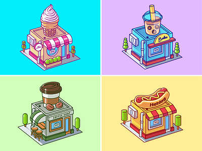 Food and Beverage Building Isometric🏪☕🧋🍦🌭 aesthetic architecture beverage bubble tea building coffee coffee shop construction cute drink exterior food hotdog house ice cream icon illustration logo shop store
