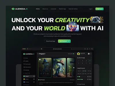 Alienesia.AI Image Generator - Landing Page ai ai generated ai website astrounut branding dark mode dashboard ai design graphic design illustration ui ui design web design