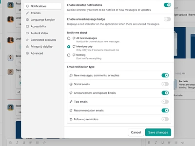 Notification - Collaborative Communication Platform Saas Webapp app design collaboration component discord messaging modal notification platform pop up preferences project saas settings slack team threads ui component uiux webapp window