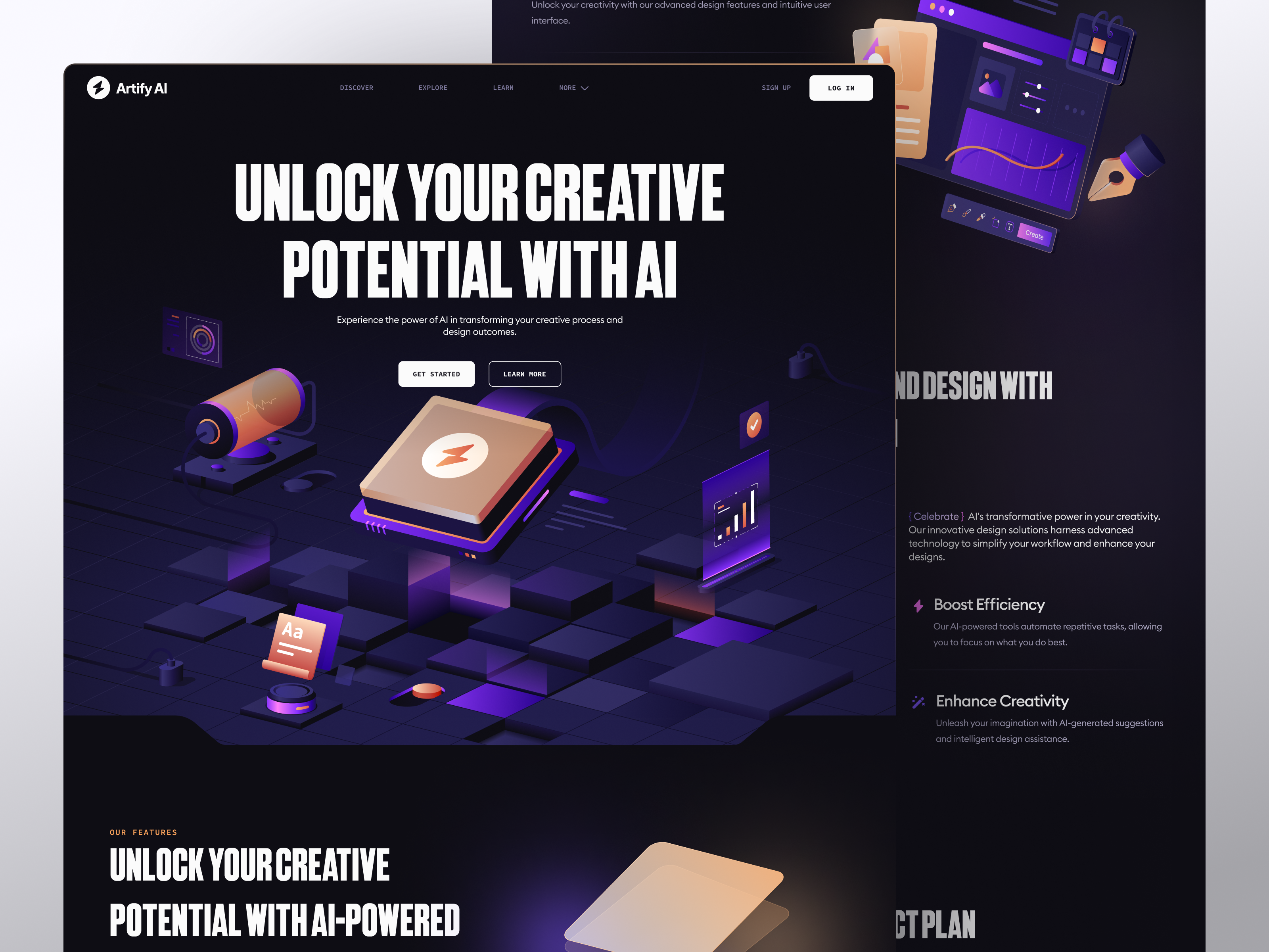 Artify AI - Artificial Intelligence Landing Page 3d ai animation app artificial intelligence black branding creativity design design futuristic geometric graphic design illustration isometric landing page modern ui vector web design website