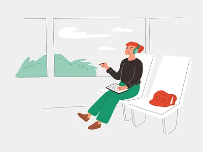 Happy artist girl rides a train, listens to music and draws character draw flat design freelancer girl graphic illustration minimal people travel vector web woman
