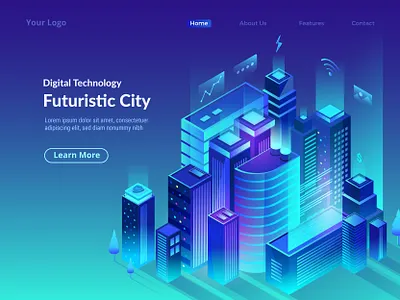Futuristic City building city futuristic city glowing effect home page illustration illustration landing page modern technology ui illustration uiux vector virtual visualization web page